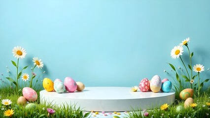 Blue platform for the presentation of goods for Easter.