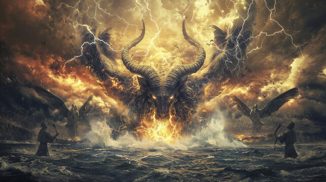 A prophetic vision from the Book of Revelation: a colossal seven-headed beast with ten horns emerges from the sea, surrounded by a stormy sky and flashes of lightning