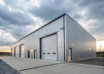 Fototapeta premium Industrial Minimalism A contemporary warehouse with a sleek, corrugated metal facade and a single, large garage door.