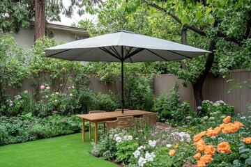 Naklejka premium 8-person teak dining set with striped umbrella in a beautiful backyard garden, perfect for outdoor dining.