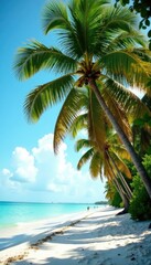 Fototapeta premium Palm trees sway gently in the morning breeze on Siesta Key's shoreline, shore, serene, leaves
