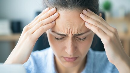 Fototapeta premium Relieving chronic pain a person massaging their temples at a desk in a home office setting