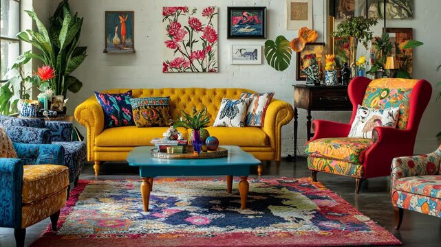 Eclectic living room with colorful furniture, vibrant decor, and an array of patterned pillows and wall art