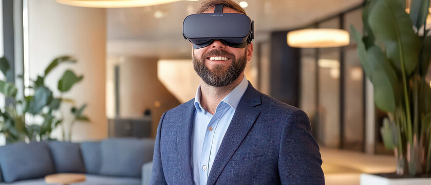 A man in a suit is smiling while wearing virtual reality goggles in a modern office setting with greenery in the background.