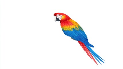 Fototapeta premium Vibrant scarlet macaw perched gracefully, showcasing its colorful feathers against a white backdrop