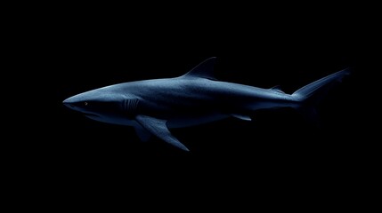 A dark underwater image of a shark swimming gracefully through the depths.