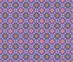 Geometric fabric pattern purple tone background Full floral pattern, bright colors
