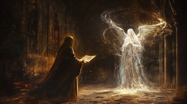 A glowing divine messenger appears to a lone monk in a dark monastery, surrounded by ethereal light, while the monk holds an ancient parchment with cryptic symbols in deep contemplation.