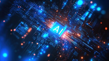 Obraz premium Futuristic Digital Background with Glowing AI Symbol and Abstract Circuit Board Design for Technology, Innovation, and Artificial Intelligence Themes