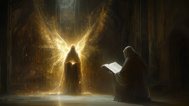 A glowing divine messenger appears to a lone monk in a darkened monastery, surrounded by ethereal light, while the monk holds an ancient parchment with cryptic symbols.