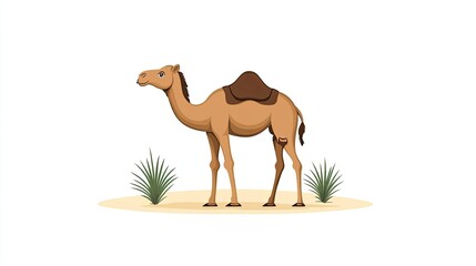 Cartoon illustration of a camel standing in a desert landscape with sparse vegetation