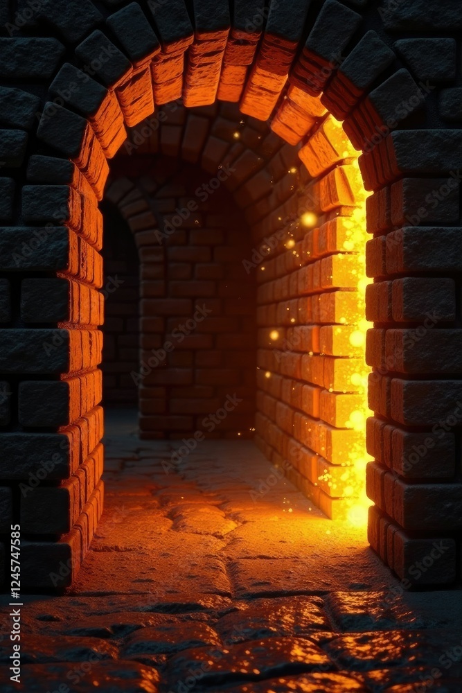 Wall mural golden flames illuminate the darkened brick space, golden, brick, warmth