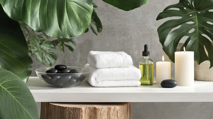 Spa essentials with a burning aromatic candle, natural oils, sea salt, and eucalyptus leaves in a relaxing wellness and tranquility setting