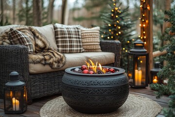 Cozy patio decorated for the holidays with wicker furniture, fire pit, Christmas lights, and festive accessories creating a warm, inviting atmosphere.