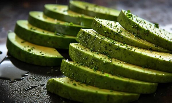 Freshly sliced green zucchini garnished with herbs on a table