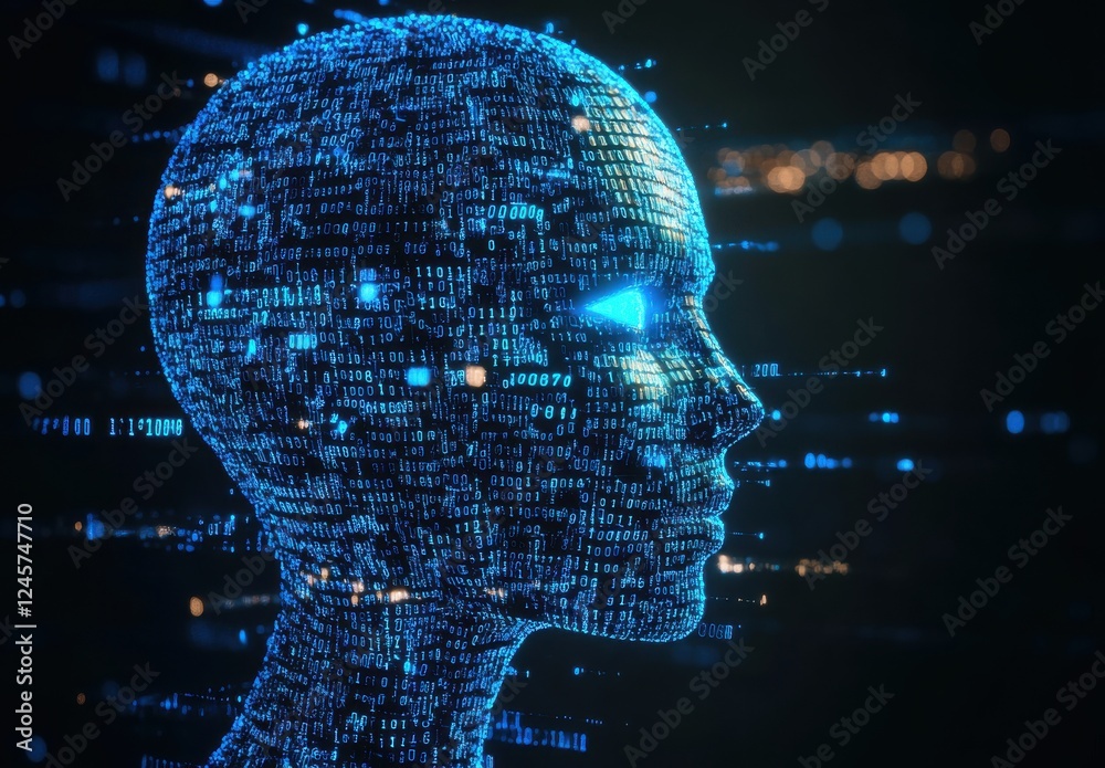 Poster futuristic digital human head made of glowing binary code against a dark background representing art