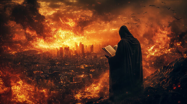 A fiery sky with angelic and demonic figures clashing in battle, as a city crumbles below. A mysterious robed figure watches from the shadows, holding an ancient prophecy book.