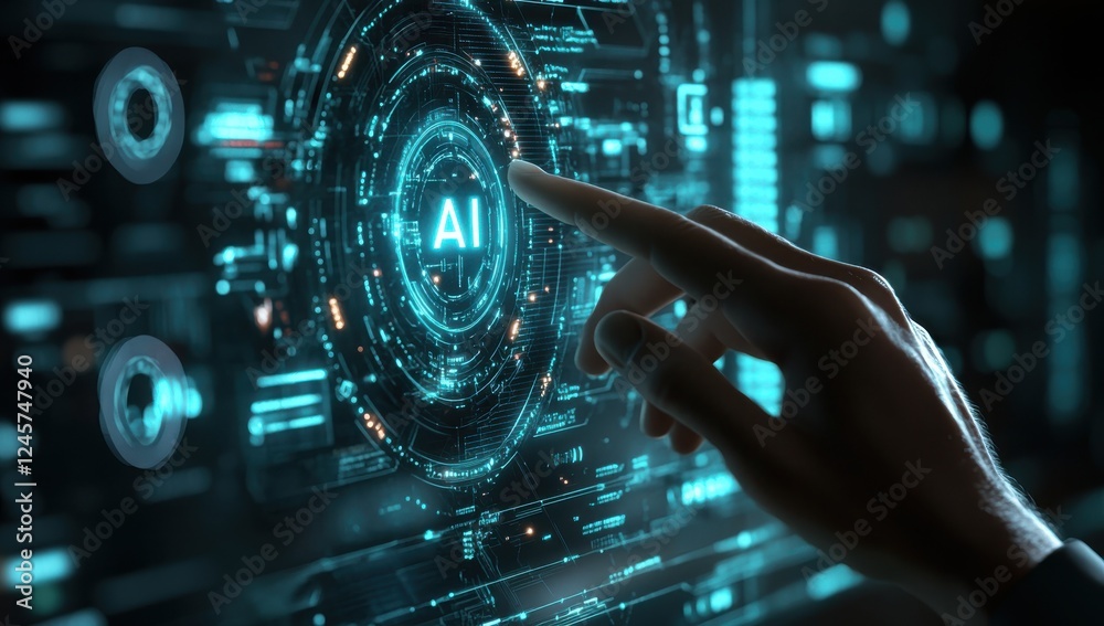 Aufkleber futuristic digital interface with ai technology concept, hand interacting with virtual display of ar