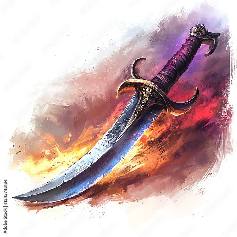 Sticker Fiery Fantasy Dagger Ornate Blade with Abstract Background.