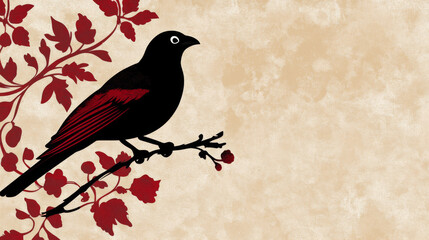 Bird on branch with red leaves, elegant design