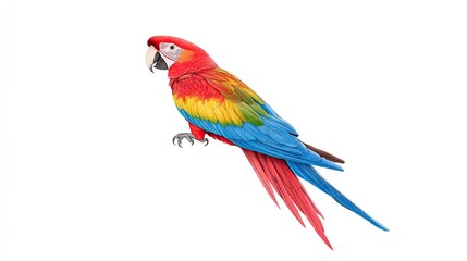 Obraz premium Vibrant Scarlet Macaw Perched Gracefully Against a White Background, Showcasing Its Colorful Feathers
