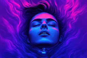 Bold minimalist illustration of a person submerged in vibrant colors, conveying tranquility and depth in a surreal aesthetic