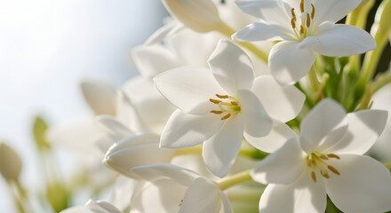 Purity of Blossoms: An exquisite display of pure white flowers in full bloom, delicate petals and vibrant details bathed in soft light.