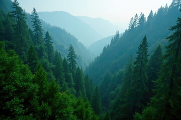 Overhead vista of towering redwoods in misty surroundings, mountains, evergreen, foliage