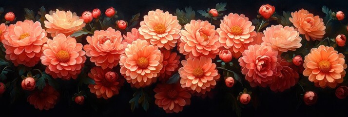 Fototapeta premium Blooming chrysanthemums in classical painting style with soft lighting and dark background