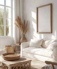 Sunlit living room, pampas grass, mockup frame, boho decor, design