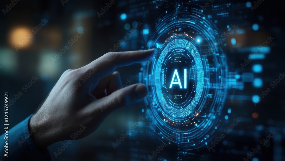 Aufkleber futuristic hand touching artificial intelligence interface with digital elements and data visualizat