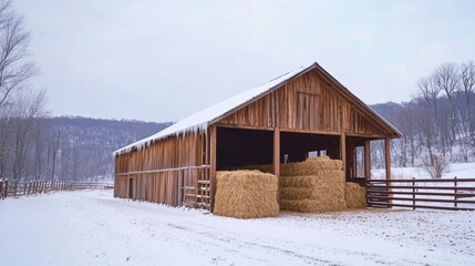 Snowy Wooden Barn in Winter Landscape