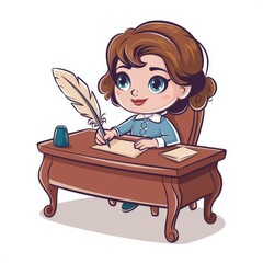 Adorable girl writing with quill pen at her desk. Cartoon style illustration.