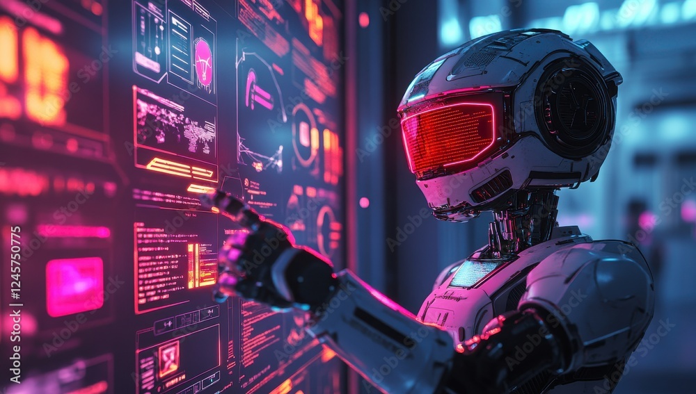 Poster futuristic humanoid robot interacting with vibrant digital interface displaying data and graphics in