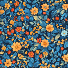 Colorful floral pattern with blue leaves and orange flowers