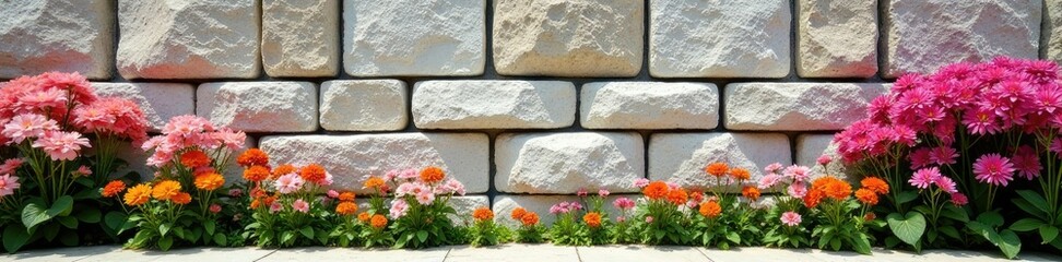 Paredes de piedra en un muro rodeado de flores, flores, estructuras, muros