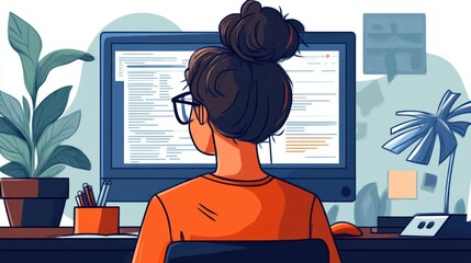 Woman with her hair in a bun sits at her computer intensely focused on lines of code