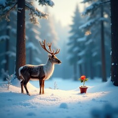 Snowy forest landscape with Christmas reindeer and a single hope flower in a small pot, christmas, winter, hope