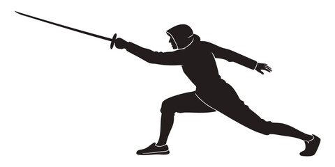 Fencing Silhouette: Action Pose of a Fencer with Sword, Sport, Black & White Vector Illustration, Competitive Athlete, Duel, Skill, Precision
