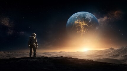 Astronaut Gazing at Earth from Mars Landscape