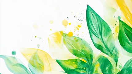 Abstract watercolor painting with overlapping green and yellow leaves on a white background