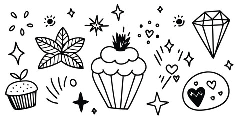 Cute Doodle Art: Cupcakes, Diamond, Hearts, and Stars - Hand-Drawn Black and White Illustration for Prints, Stickers, and Crafts