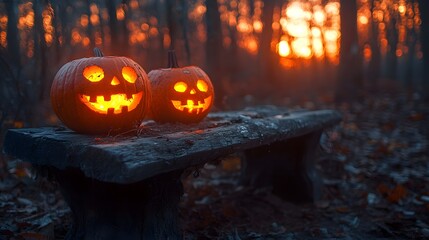 Carved Pumpkins with Illuminated Faces on Bench in Autumn Forest at Sunset