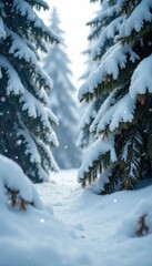 Fototapeta premium Pine trees covered with thick layer of fresh snow, cold, pineflakes, forest