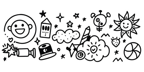 Obraz premium Doodle Art: Hand-Drawn Icons of a Happy Face, Sun, Clouds, Stars, Strawberry, Candy, & More Whimsical Black & White Vector Clipart Illustration