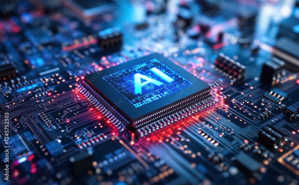 Poster futuristic microchip with ai processing power surrounded by neon circuitry in a high-tech digital en