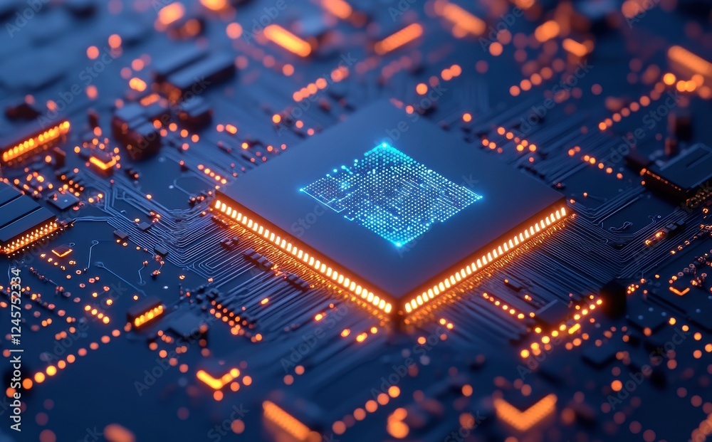 Poster futuristic microchip with glowing circuitry and digital pattern on a dark background representing ad