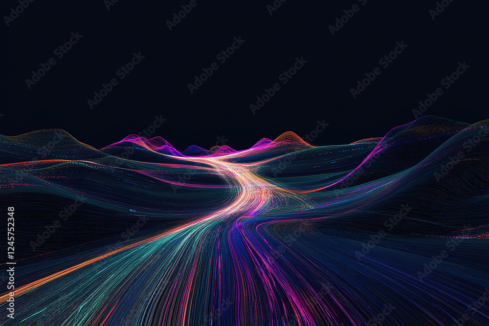 Fototapete Striking minimalist visual of vibrant data streams twisting through a dark landscape