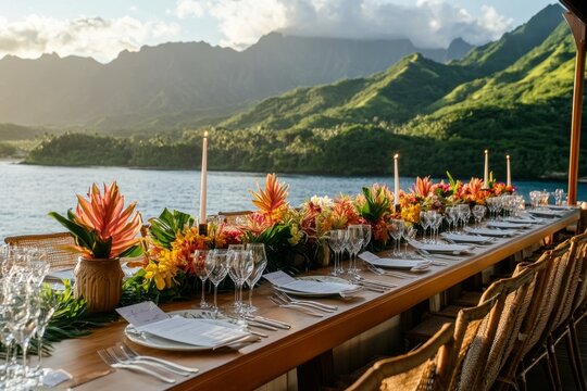 Tropical sunset dinner, ocean view, mountain backdrop, event