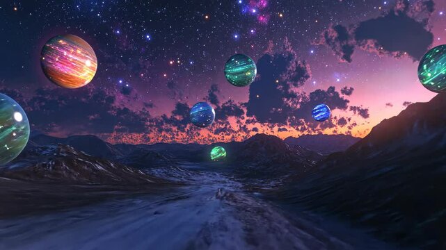 A surreal alien landscape with multiple colorful planets hanging in the night sky over a rocky terrain
